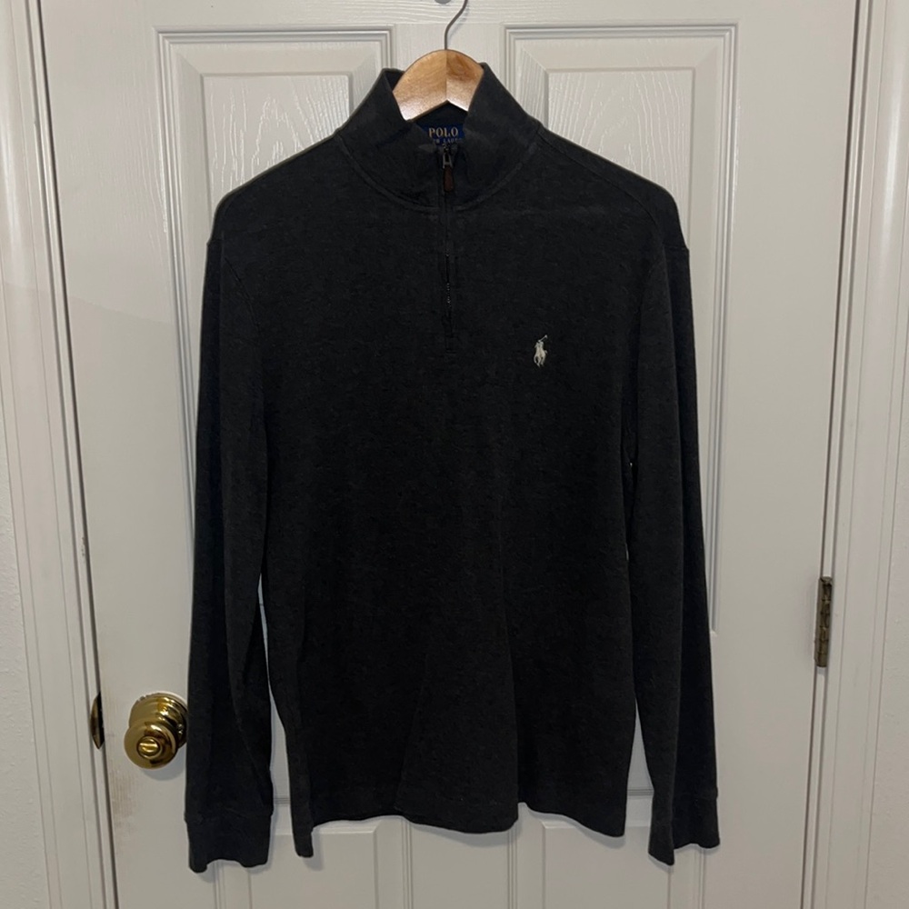 Ralph Lauren Quarter Zip White Iconic RL Logo Small Estate Rib Charcoal